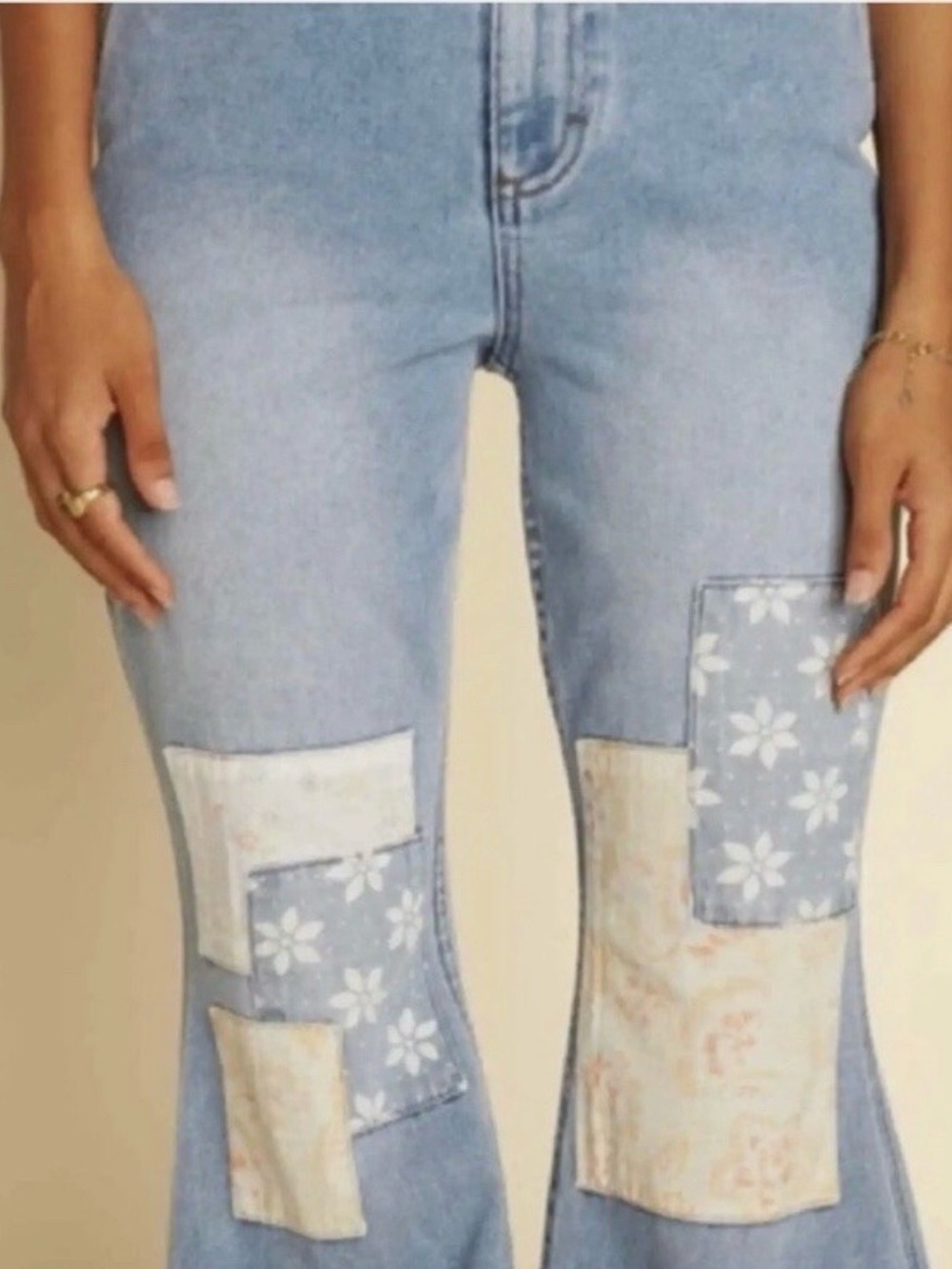 Wrangler X Billabong Collab Extra Flare Jeans Size 27 Blue Lightwash Patchwork - Picture 3 of 14